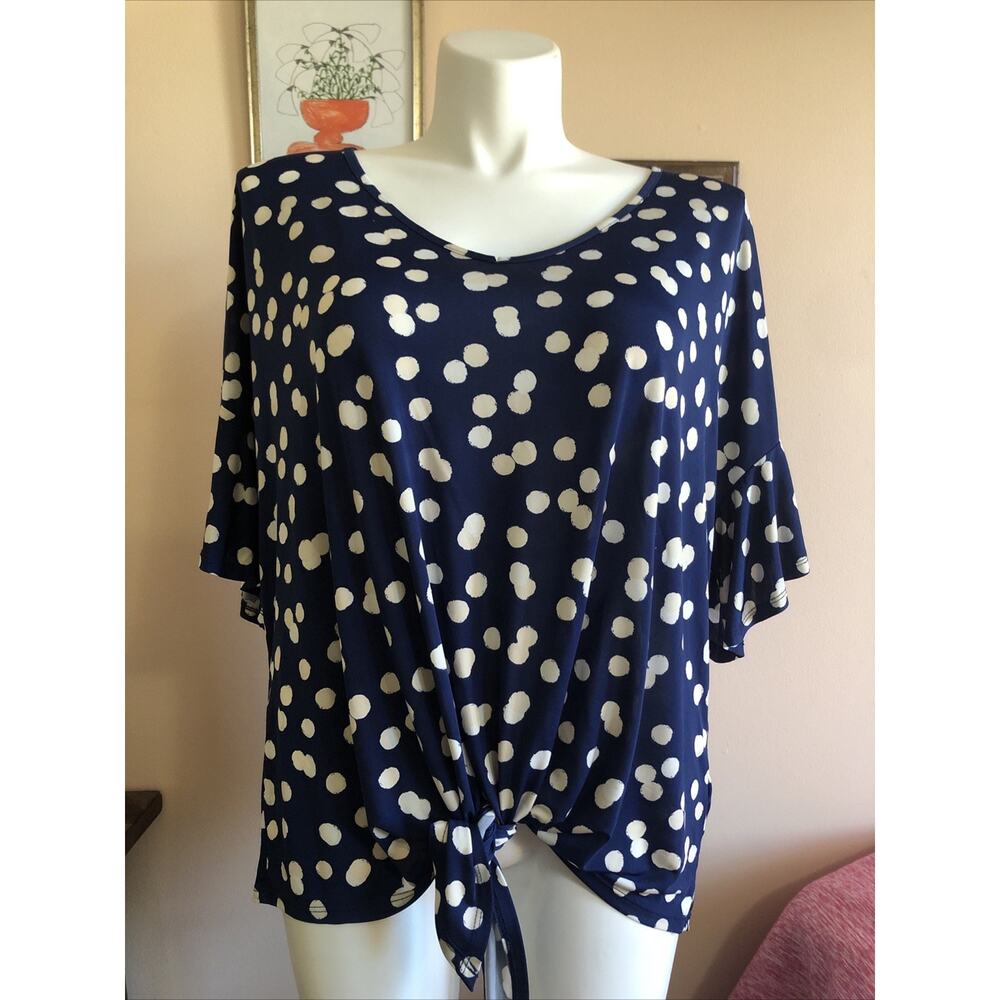 Cocomo Woman Navy White Polka Dot 3XL Short Sleeve Ruffle Tie Front Scoop Neck